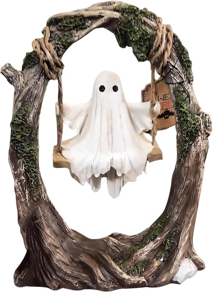 AZYM Ghost Halloween Decor,Ghost on a Tree Swing,Cute Funny Swinging Ghost Halloween Figurine Decoration,for Indoor Desktop Bookshelf Outdoor Garden Patio Lawn Decor