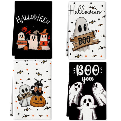 4 Pcs Halloween Kitchen Towels 15.7x23.6 Inches Funny Hand Towels for Bathroom Spooky Boo Ghost Dish Cloths Pumpkin Bat Ghost Halloween Bathroom Decortions Housewarming Gift for Home Wall Decor