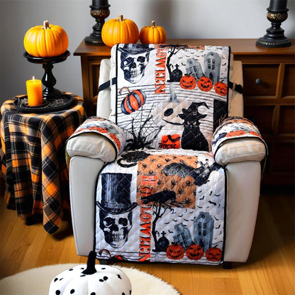 Cmfshape Halloween Skidproof Sofa Cover-Festival Sofa Slipcover with Elastic Straps-Easy Fit Slip Cover-Patchwork Washable Furniture Protector for Pets and Kids(Recliner,Black&Orange)