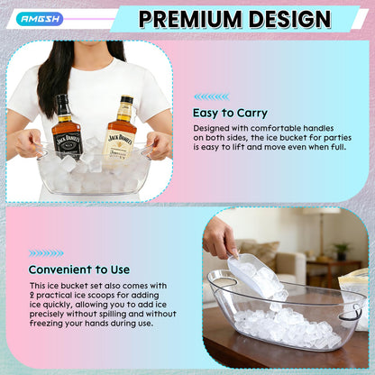 AMGSH 2 Pcs Ice Bucket, 5L Beverage Tub with Scoops, Clear Ice Buckets for Parties, Portable Drink Cooler for Cocktail Bar, Champagne Bucket for Beverage/Wine/Beer, Mimosa Bar Supplies Chiller Tub