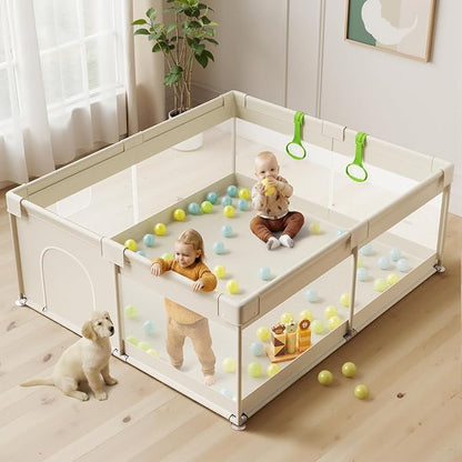 Fodoss Baby Playpen, 59×69in Beige Playpen for Babies and Toddlers, Play Pen for Apartment, Kids Activity Fence, Baby Playard with All-Side Mesh, Pull Rings