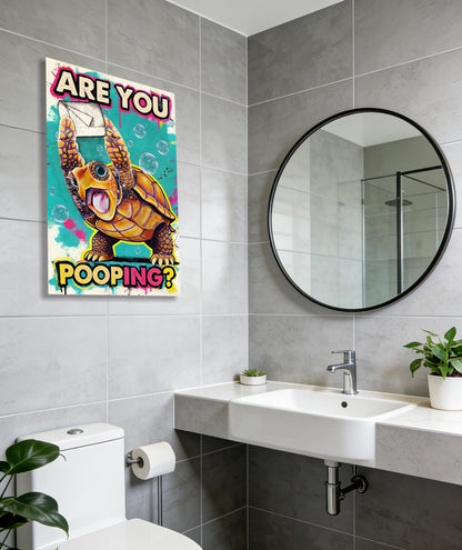Funny Turtle Bathroom Wall Art Painting, Are You Pooping? Graffiti Humor Canvas Print, Teal Pop Art Bathroom Poster Decor, 16x24 Inch Framed Wall Picture for Bathroom Restroom Toilet Washroom