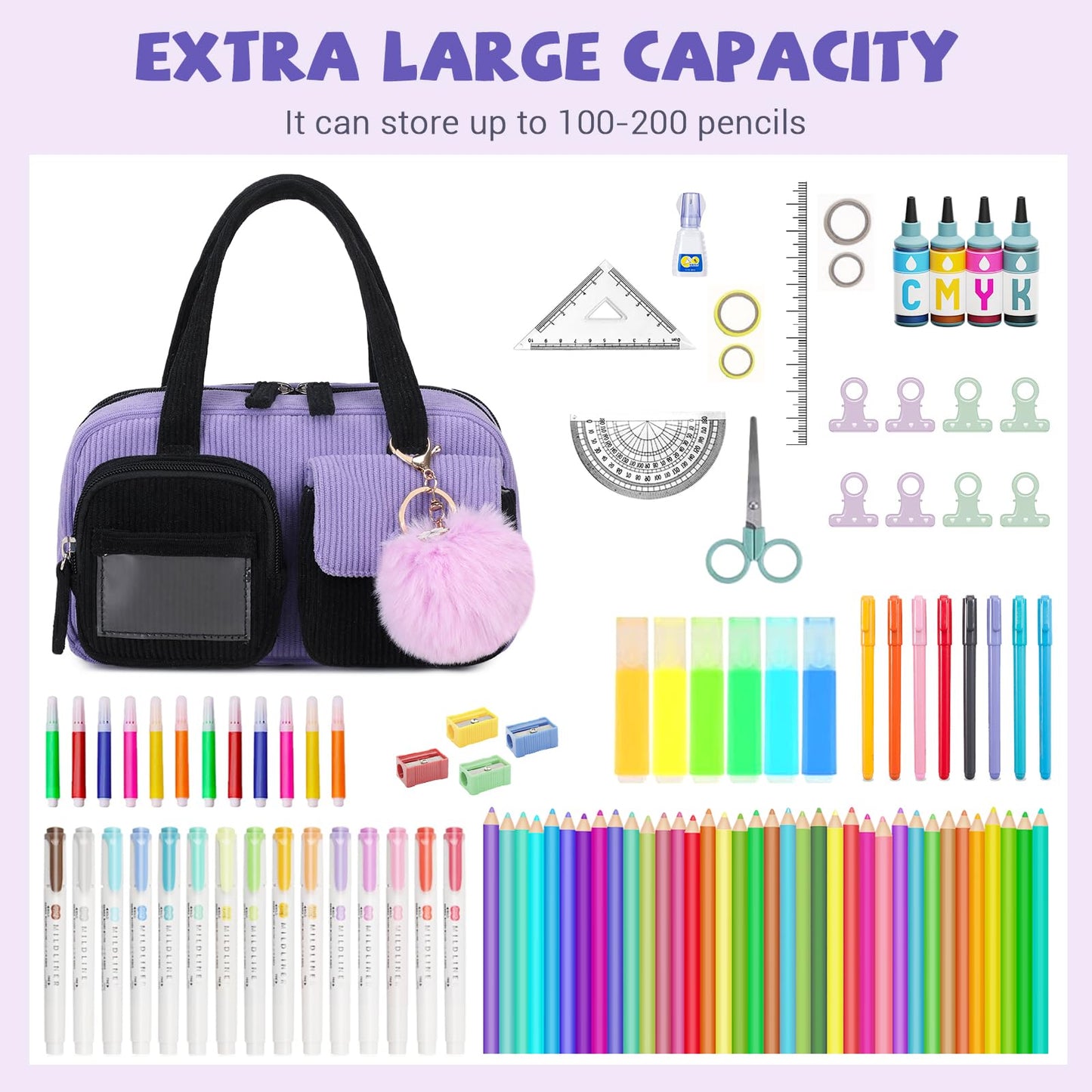 QIXIHU Pencil Case for Kids Girls Makeup Bag Women Cute Corduroy Pencil Bag with 5 Compartments Pencil Pouch Organizer Aesthetic School Supplies, Black Purple