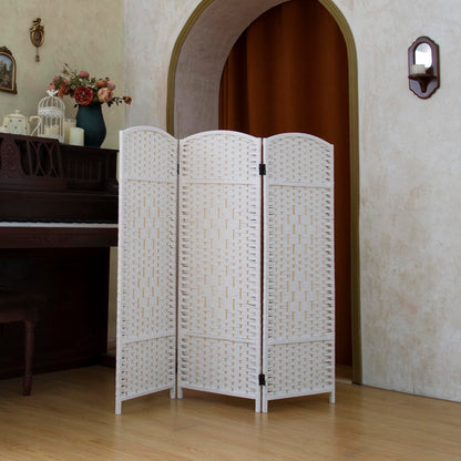 Pawlabay Compact 3 Panel Short Room Divider, 47.2 Inch Tall Double-Sided Rattan Folding Screen for Home & Office,White