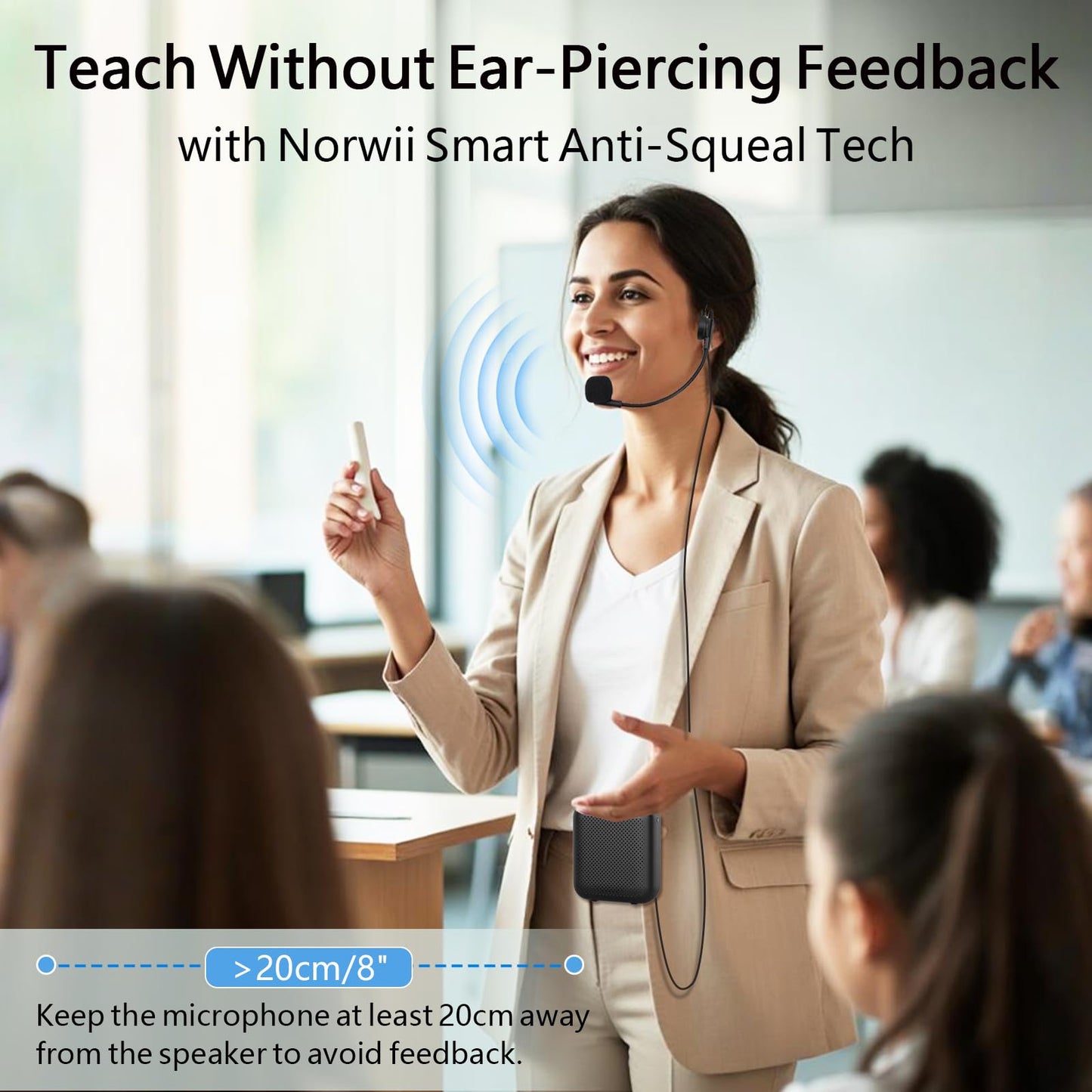 Norwii Bluetooth Voice Amplifier, Power Amplifiers, Portable Mini Wired Microphone Headset for Teacher Classroom & Outdoor Lectures, Teaching, Tour Guides, USB-C Rechargeable - 2000mAh, Black
