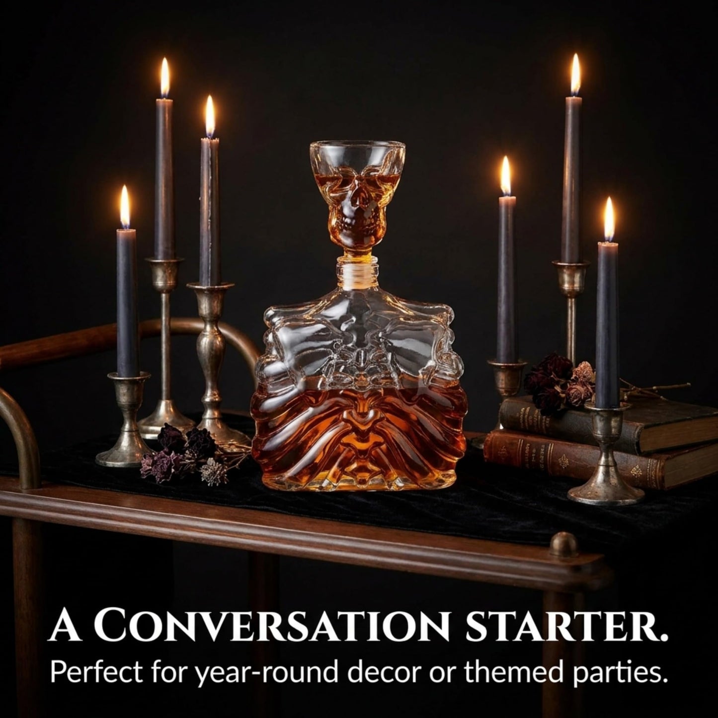 Godinger Whiskey Decanter and Shot Glass, Skull Skeleton Decanter, Halloween Decor, Skeleton Decorations, Liquor Decanter and Whiskey Glass Shot Glasses Set, Halloween Decorations - 32oz