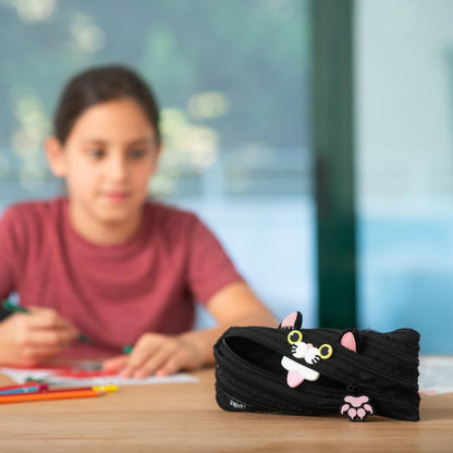 ZIPIT Cat Pencil Case for Girls, Cute Zipper Pouch for Kids Teens, Stationery Bag for School,Black