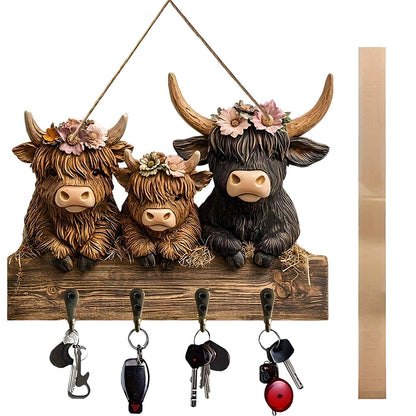 Dexprosy 2D Highland Cow Key Hooks for Wall - Wooden Key Holder and Organizer with Flat Design for Home, Office, or Garage Decor