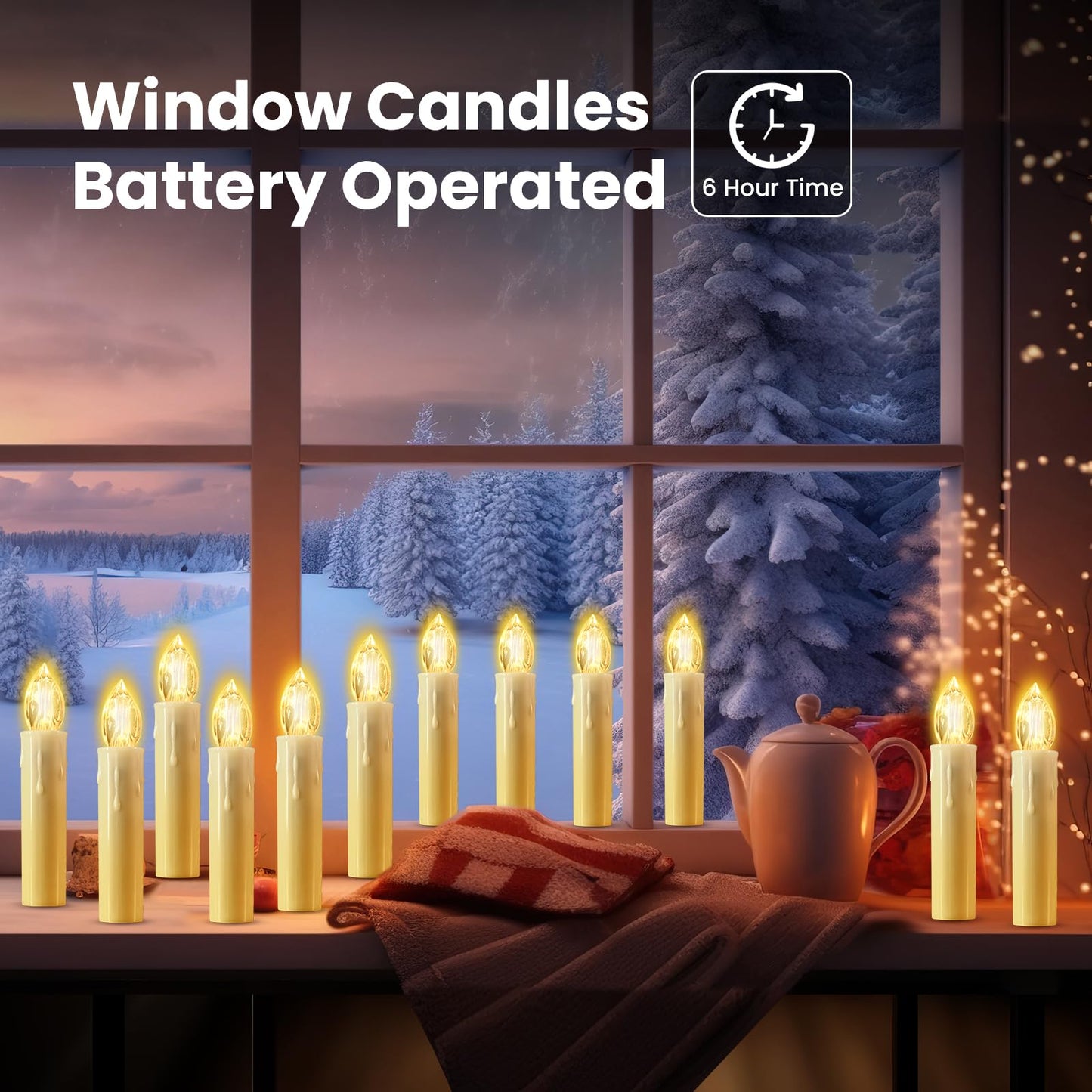 JOSU Flameless Christmas Trees Candles, 12Pcs Led Flickering Lights Battery Operated Candlesticks with Remote Timer/Clips, Warm White Window Taper Candles for Home Wedding Halloween Birthday Decor