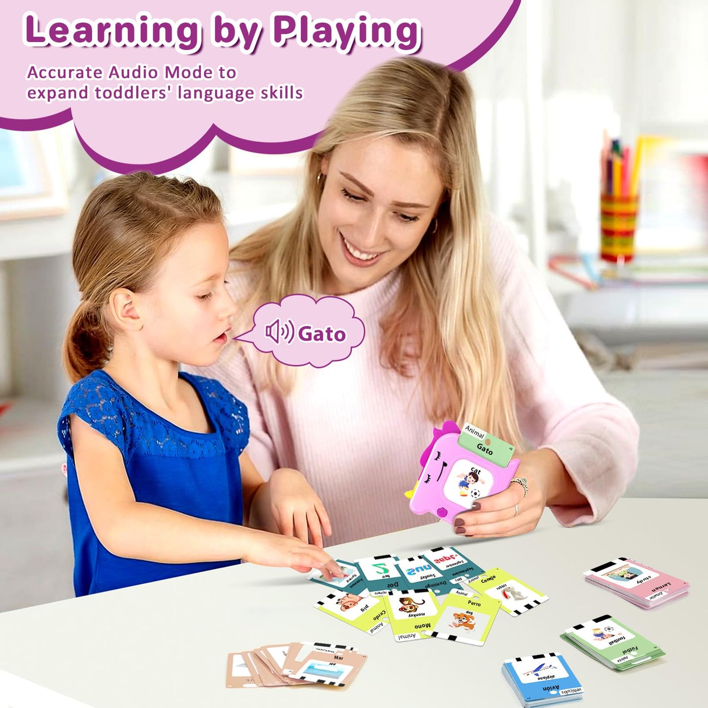 Spanish and English Talking Flash Cards for Toddlers 1 2 3 4 5 6 Year Olds, 420 Sight Words, Montessori Learning Toys, Pocket Speech Therapy Toys, Sensory Preschool Educational Birthday Gift