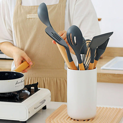 hengshukeji Kitchen Utensil Holder, 6.3"+5.3" Ceramic Kitchen Utensil Holder for Countertop, Large Cooking Utensil Crock for Kitchen Counter, Set of 2, for Spoons, Spatulas, Utensils (White Set)