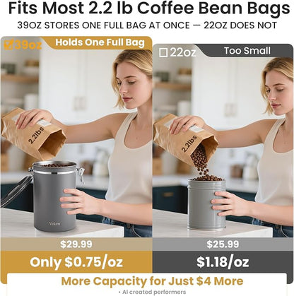 Veken Coffee Canister, 39OZ Large,Airtight Stainless Steel Food Storage Container for 2.2lbs Beans,Ground,Sugar,Espresso,Rice,Tea,Flour,Cereal,Cookie,Lids,Jars,Gifts,Scoop,Kitchen Bar Accessories,Gray