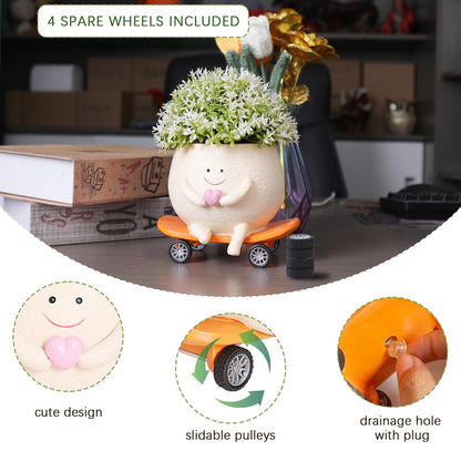 Funny Smily Face Planter Pot with Drainage Hole for Indoor and Outdoor Unique Resin Rolling Skate-Shaped Succulent Flower Pots Novelty Gift for Valentine's Day, Home Decors