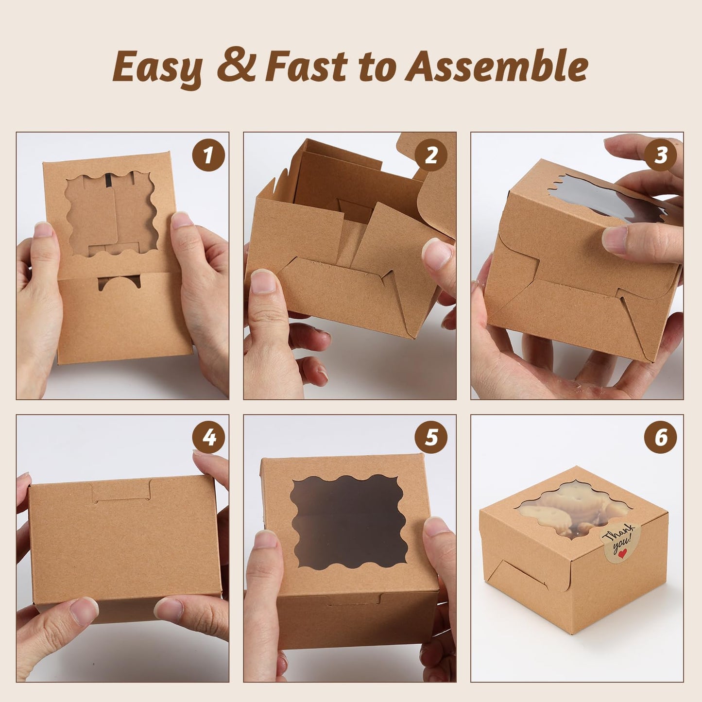 Norxziore 50pcs Brown Cookie Boxes with Window, 4x4x2.5 Inches Small Treat Boxes, Kraft Grease-proof Film Paper Bakery Boxes, Pastry Boxes for Dessert, Strawberries, Cupcake, Valentine, Gift Giving