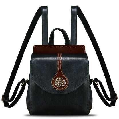 LRTO Genuine Leather Small Backpack Purse for Women Knapsack Casual Daypack College Back Bag (Black)