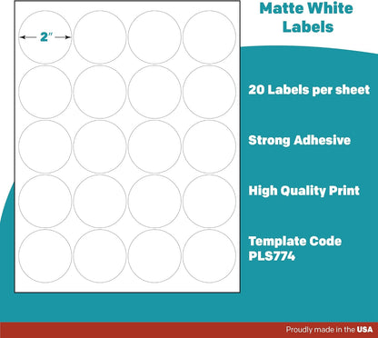 Premium Label Supply White Sticker Round Labels – 2" Circle – Laser/Inkjet Compatible – (20 per Sheet), 100 Sheets – 2,000 Total Adhesive Labels