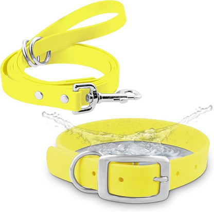 Regal Dog Products Large Yellow Waterproof Dog Collar and Leash Set | Heavy Duty Double Buckle & D Ring - 5'ft Leash | Adjustable Biothane Dog Collar | Chew Resistant Waterproof Collar for Dogs