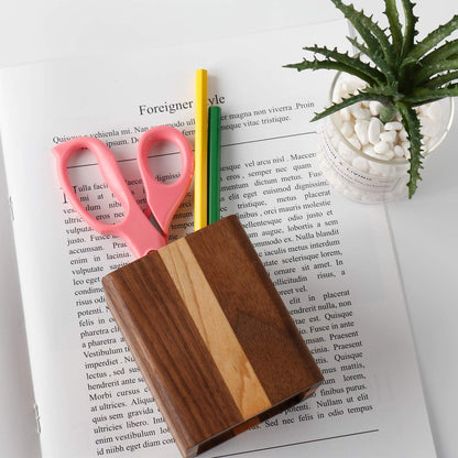 Walnut Pencil Holder Wood Pen Holder For Desk Pen Cup Organizer Ofiice Pencil Stand Simple(Cherry center walnut side)