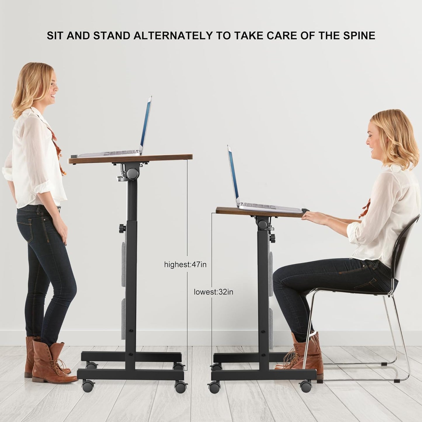 KOUPA Height Adjustable Standing Desk with Storage Bag widths16 in Length 24 in, Portable Rolling Mobile Stand Up Table with Wheels, 360 Degree Flip Laptop Computer Desk for Home Office, Rustic Brown