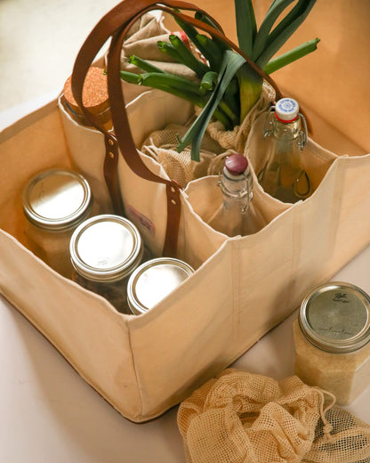 CapaBunga Grocery Tote Bag with Handles - 5 Pocket Large Utility Tote Bag - Heavy Duty Canvas Utility Bags with Vegan Leather Base - Reusable Shopping Bags for Groceries - Natural Grocery Bag