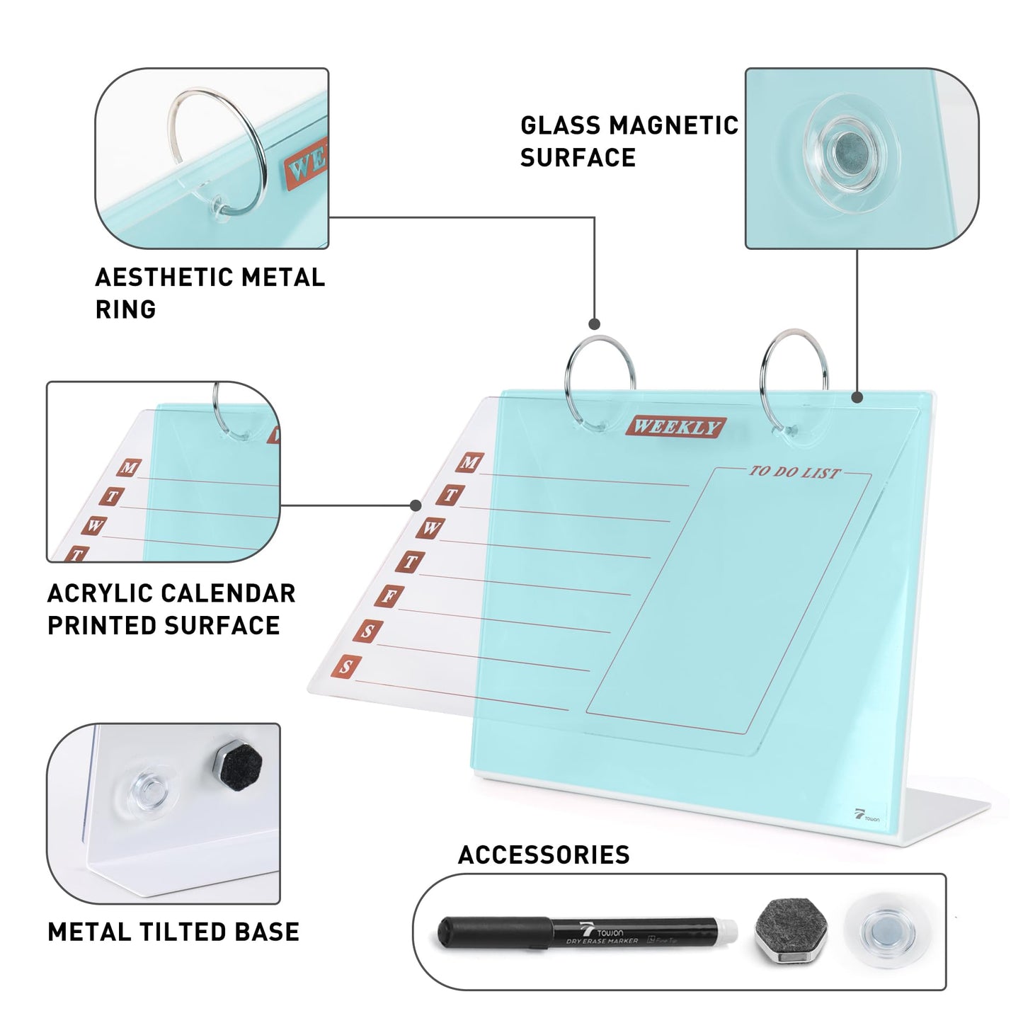 Desktop Glass Dry Erase & Acrylic Aesthetic Calendar Weekly to-do List Combo, Small Magnetic Standing Whiteboard, Desk Flip Easel Calendar with Accessories for Home Office Supply, Aqua Blue, 9 x 7''
