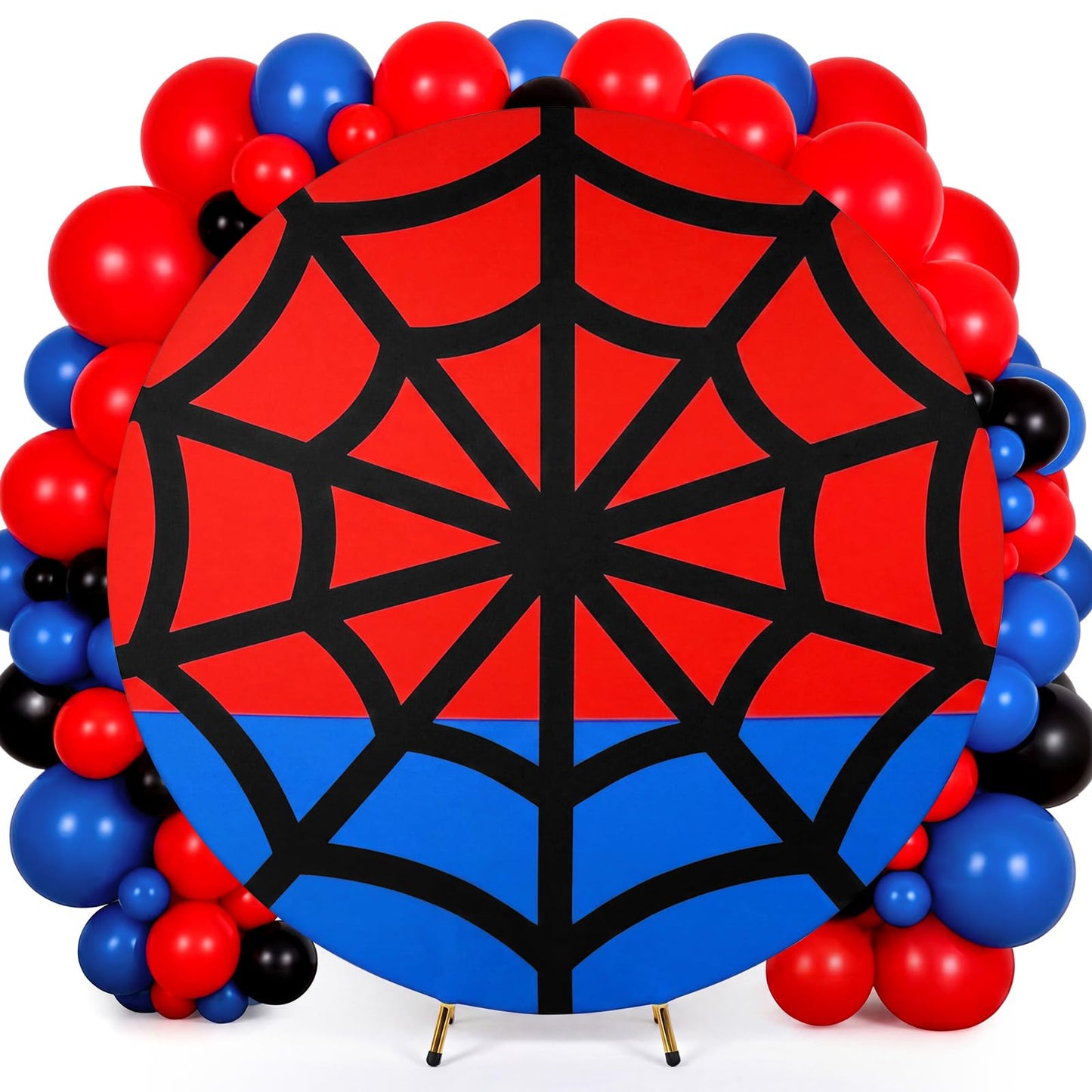 Tegeme 7.2 ft Spiderweb Themed Birthday Round Backdrop Cover Red and Blue Net Circle Arch Backdrop Cover for Photography Baby Shower Birthday Wedding Party Decor
