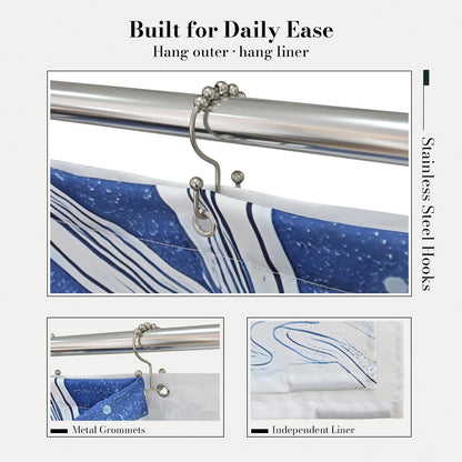 DRIFTED ROOT NASA Licensed Shower Curtain Set, Orbit Rings Galaxy and Spacecraft Design, Space Poster Art, Oxford Cloth, Bathroom Hotel Decor (Orbit of Dreams-White/Blue, 72" W x 72" L (Pack of 1))
