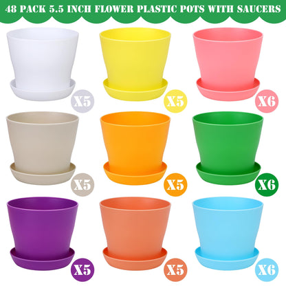 Hahood 48 Pack Plastic Planters 5.5 Inch Flower Plant Pots Indoor Set Thickened Seedling Nursery Pots Seed Starting Pots with Drainage Holes Saucers Mini Garden Tool for Home Office Garden, Multicolor