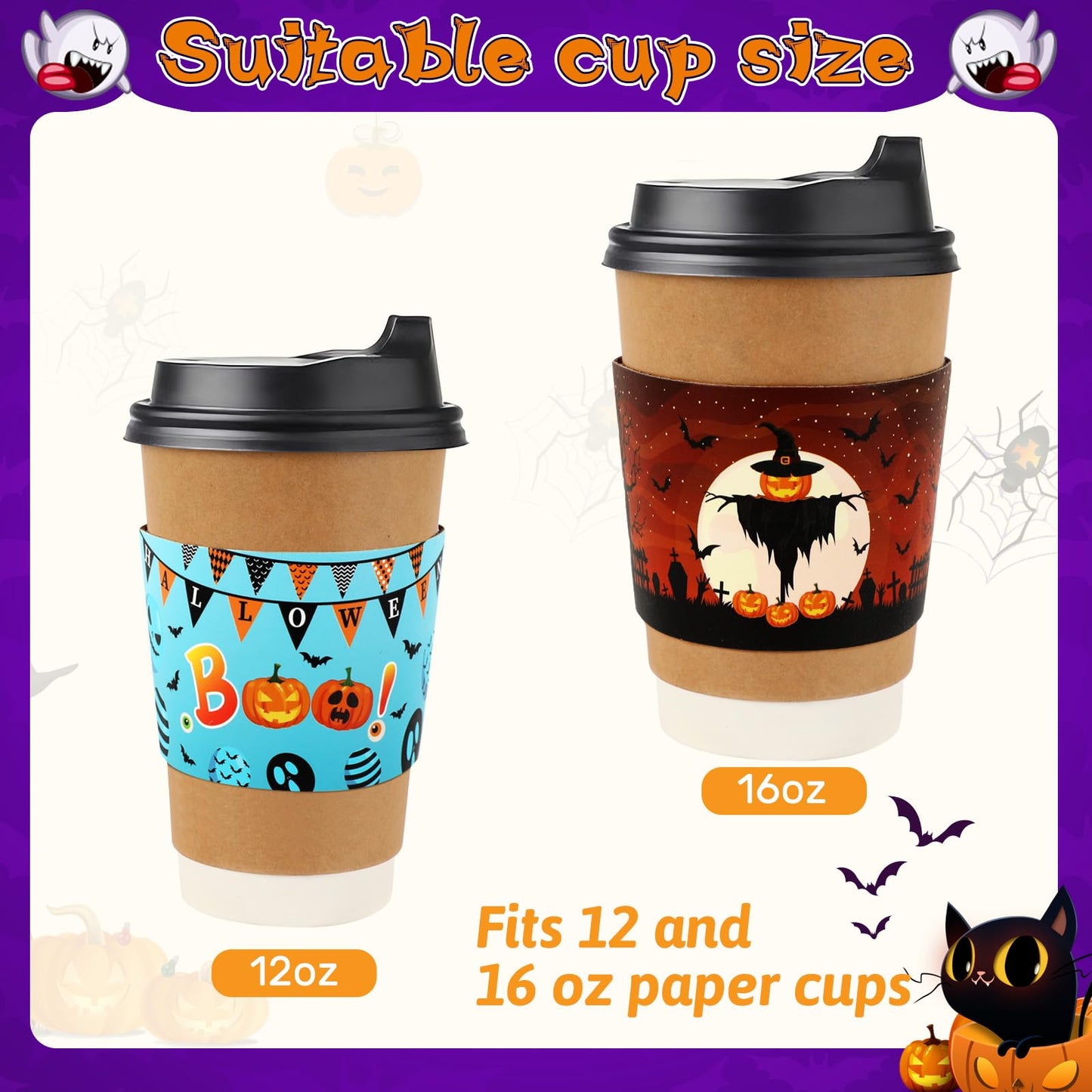 NOVWANG Halloween Cup Sleeves 54Pcs 9 Designs for 12oz 16oz Hot Cold Cups