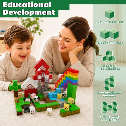 STELLUNE 200PCS Magnetic Blocks with 3 Light Up Pieces, Rainbow Farm Pals Magnetic Building Cubes, STEM Educational Toys for Kids Ages 3+, Ideal Gift for Boys Girls
