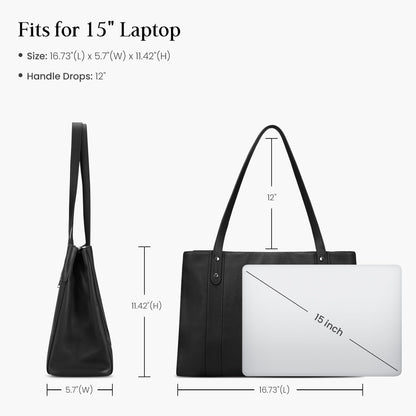 befen Black Genuine Leather Work Tote Bag for Women, Womens 15 Inch Compartment Work Totes Purse Shoulder Leather Purses Handbags