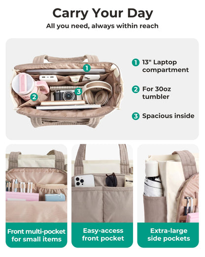 BAGSMART Tote Bag for Women, Work Bag fits 13.3"/15.6" Laptop, Puffy Travel Tote Handbag with 30oz/40oz Tumbler Holder