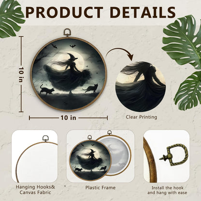 Gnmduw Witchy Black Cat Wall Art Framed, Dark Witchy Academia Decor, Halloween Witch Round Hanging Wall Decor, Dark Gothic Moody Academia Canvas Prints Art for Living Room Bathroom Bedroom, 10x10 In