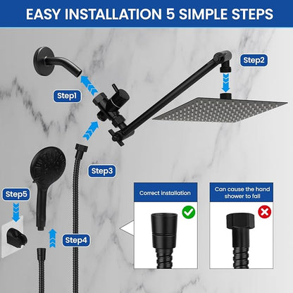 Shower Head 10‘’ High Pressure Rainfall Shower Head/Handheld Shower Combo with 11'' Extension Arm, 9 Settings Anti-leak Head with Holder, Height/Angle Adjustable, Chrome, Matte Black