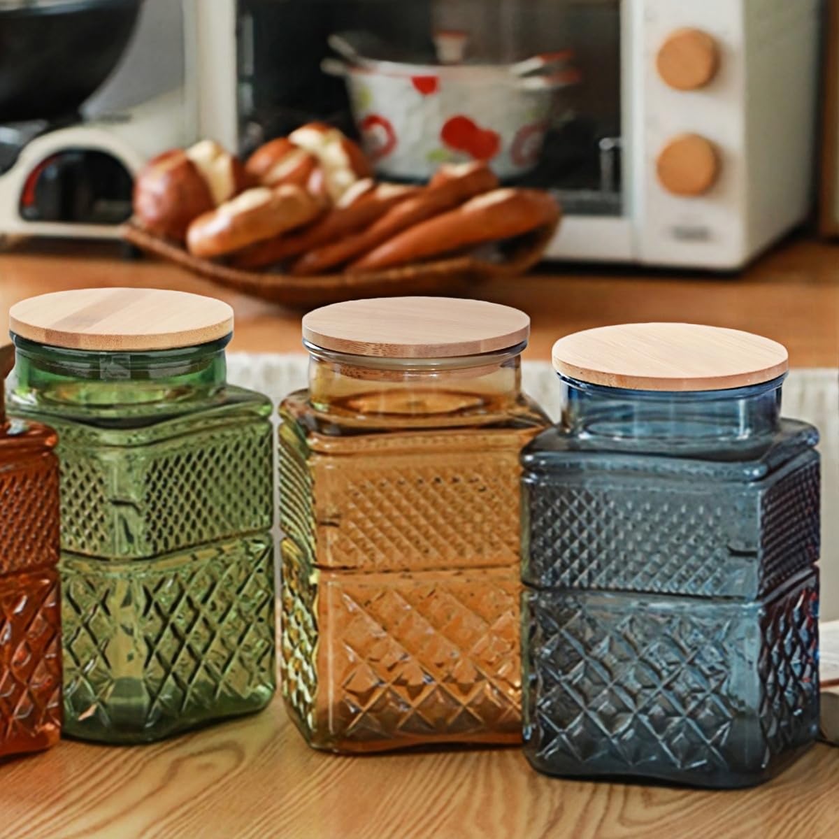 ANSQU Square Glass Canister, 61oz Candy Jar with Lid, Glass Food Storage Containers for Ground Coffee, Tea, Sugar, Decorative Mason Jar Cookie Jars (Blue)