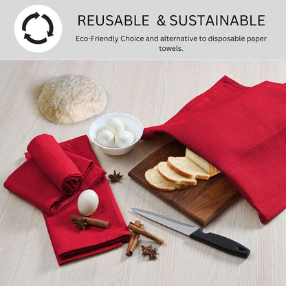 Threadvista 100% Cotton Waffle Kitchen Towels Set of 6 - Soft Highly Absorbent Durable Reusable - Perfect for Drying Cleaning Everyday Kitchen Use - Quick Drying Premium Dish Towels 16x26 Inch Red