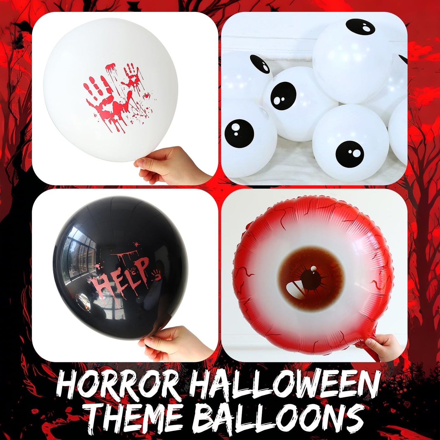 Bloody Scary Halloween Balloon Arch Kit,159Pcs Red Black White Bloody Handprints Balloon Garland with Eyeball Foil Balloons,3D Bat Stickers for Horror Movies Night Killer Birthday Party Decorations
