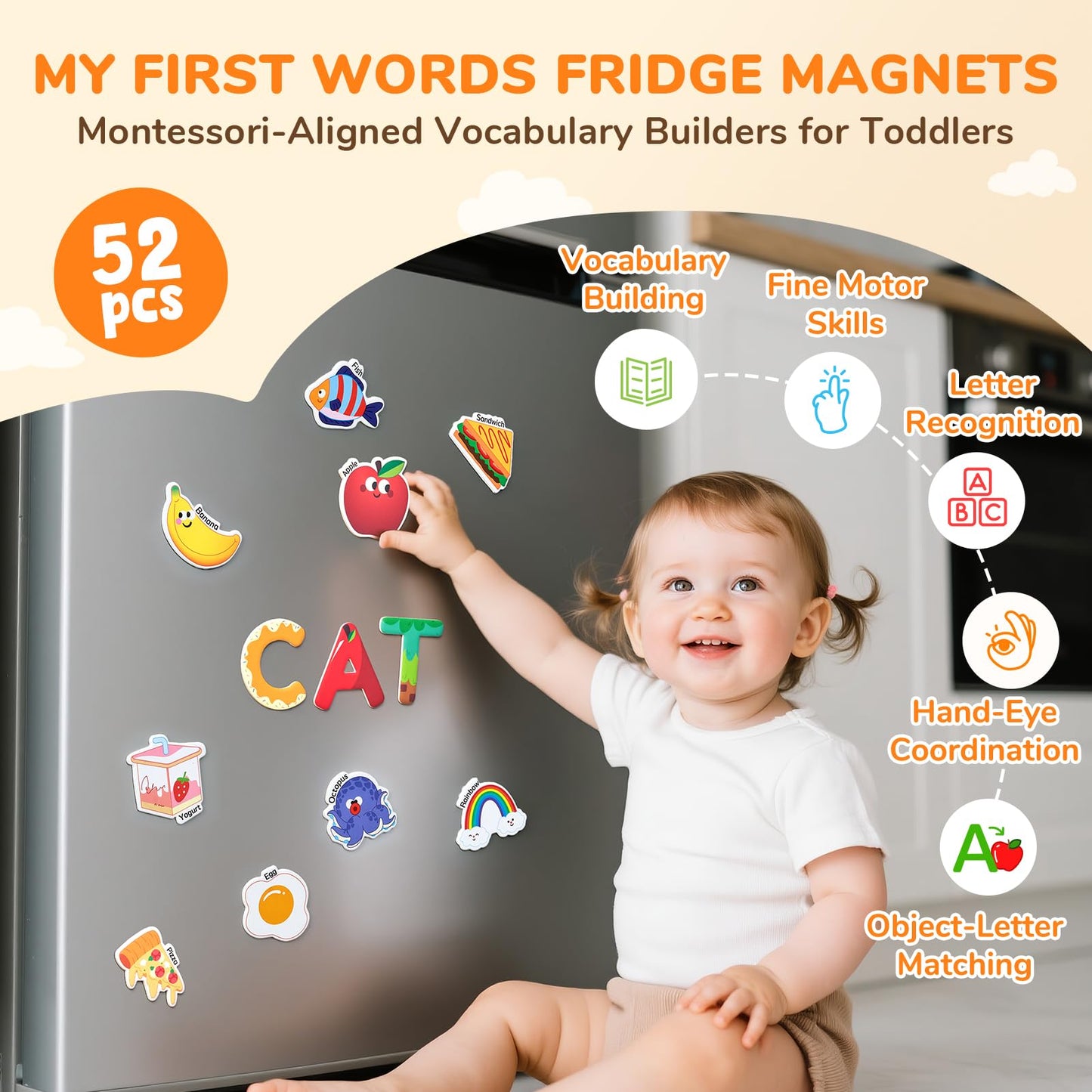 JoyCat Fridge Magnets for Toddlers – 26 Cute Objects & Uppercase Letters, Large Refrigerator ABC Alphabet Magnets Set for Kids, Preschool Learning Spelling Alphabet Gift Toy for Ages 2+