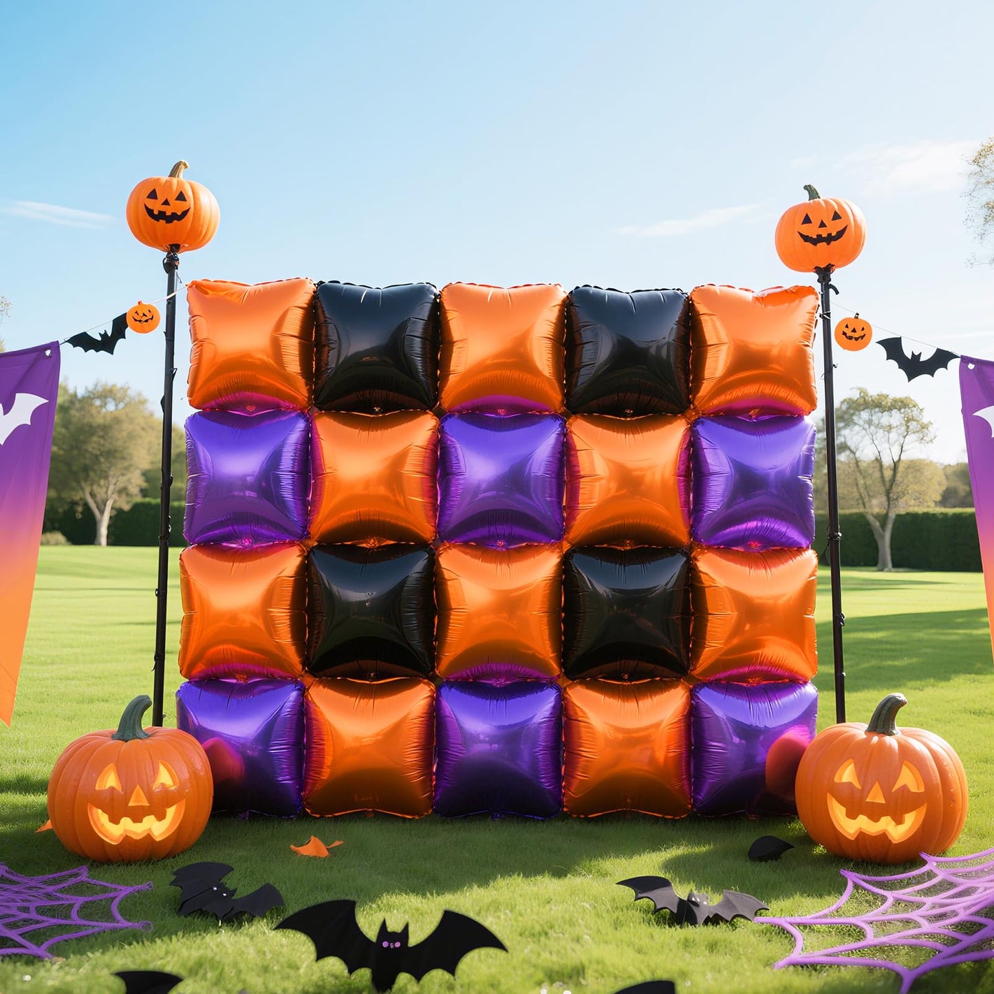 NISOCY 25PCS Orange Purple Black Square Foil Balloons Wall Backdrop Metallic Double Sided Orange Purple Black Balloons Tunnel Arch Kit for Halloween Birthday Graduation New Year Party Decorations