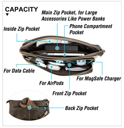 CataPurus Electronic Organizer Zipper Bag Tech Kit, Top Grain Leather Handmade, Portable Compact Travel Apple Accessories Storage Pouch Fits Phone, USB Cables, Power Banks, Chargers, Hard Drive