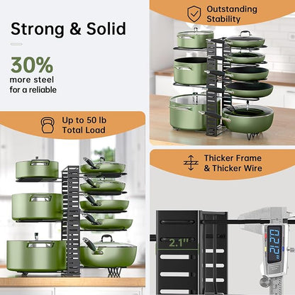 MUDEELA Pots and Pans Organizer Rack under Cabinet 8-Tiers Adjustable Pot Rack with 3 DIY Methods, Expandable 11.65'' to 19" Pot Lid Organizer for Kitchen Pantry Cabinet Organization and Storage