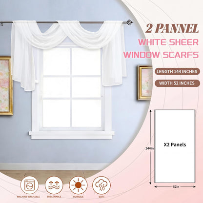 Showgeous 2 Panels White Window Scarf Valance Sheer Canopy Bed Curtains 52" X 144" Extra Long Topper Window Treatment Elegant Curtain Scarves Soft Voile Swag Curtain Drapes for Wedding Arch Home Decor