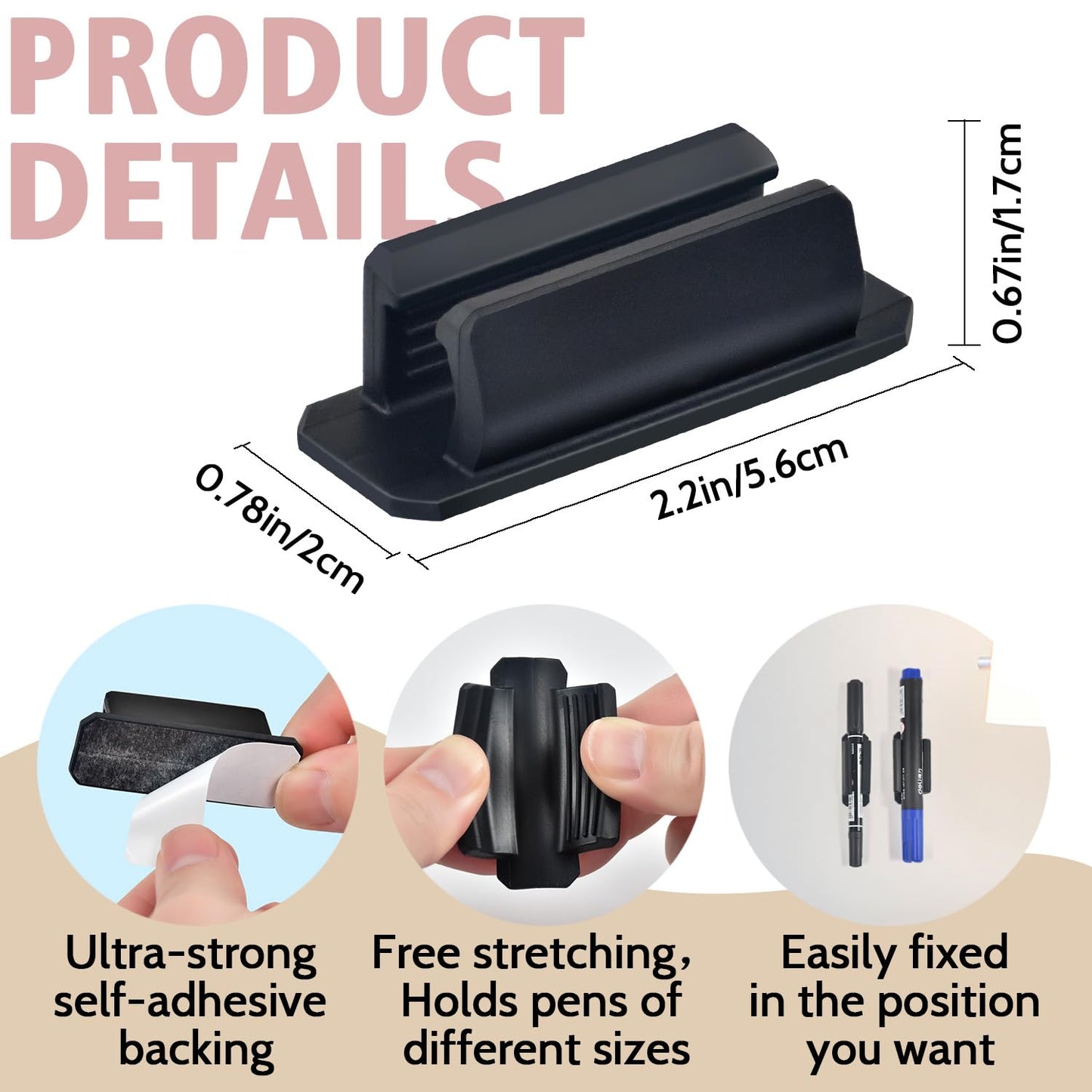 20 Pack Adhesive Silicone Pen Holders, Black Stick-On Pencil & Marker Clips