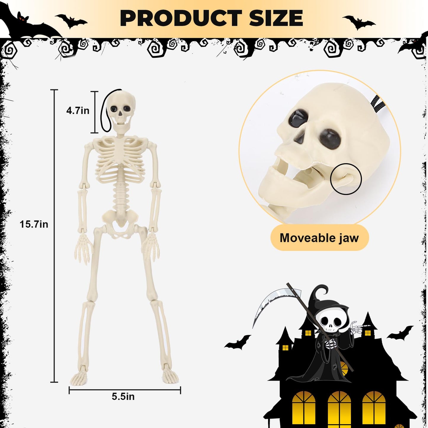 TMFsode 5 Packs Halloween Skeleton Decorations, 16" Halloween Mini Skeleton with Posable Joints, Spooky Poseable Plastic Skeletons for Yard Garden Lawn Haunted House Graveyard Props Decor
