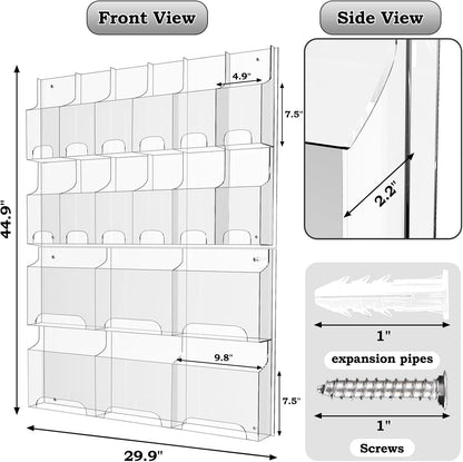Acrylic Brochure Pamphlet Holder, 6 Magazine Holders and 12 Pamphlet Holders, Clear Brochure Display Holder Wall Mount, Trifold Flyer Rack, Literature Storage Rack for Home, Offices, Waiting Room