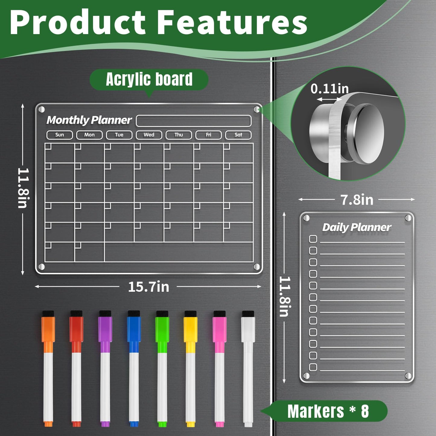 FINDMAG Acrylic Magnetic Dry Erase Board Refrigerator Calendar, 16"x12" Calendar Whiteboard for Wall, Set of 3 Transparent Magnetic Dry Erase Board for Monthly Weekly Daily Menu Planner Whiteboard