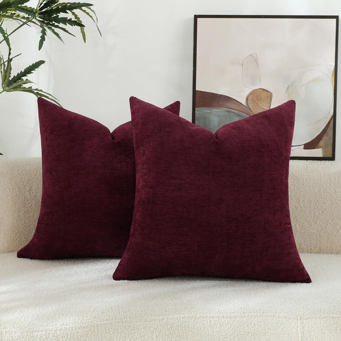 Qanatmz Burgundy Red Chenille Decorative Couch Throw Pillow Covers, Soft Cushion Cases for Home Livingroom Sofa Décor, Pack of 2, 14 x 14 Inches