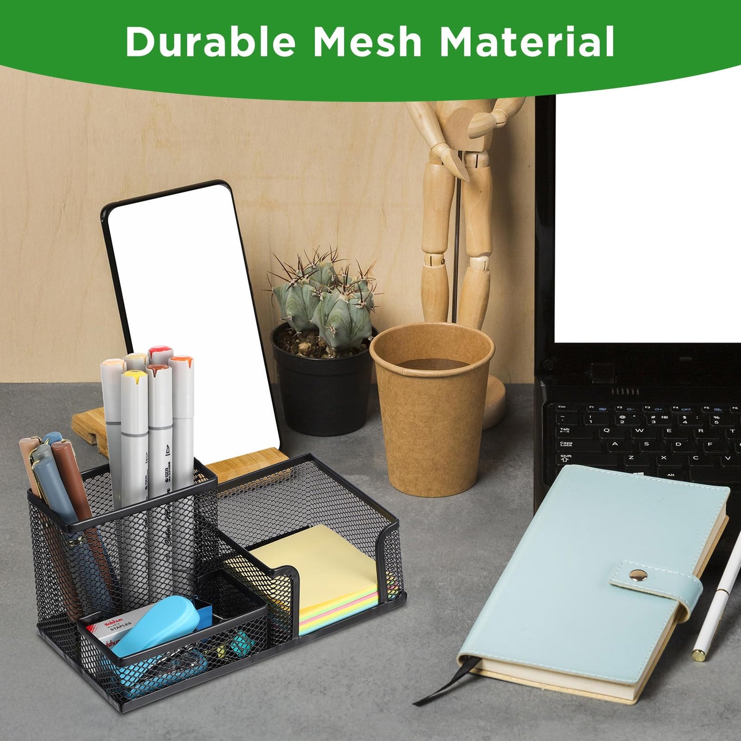 Lemecima 6 Pieces Pen Holder for Desk Mesh Metal Pencil Holders Pen Cup Marker Desk Caddy with Sticky Notes Organizer for Office Supplies Workspace School Home Black
