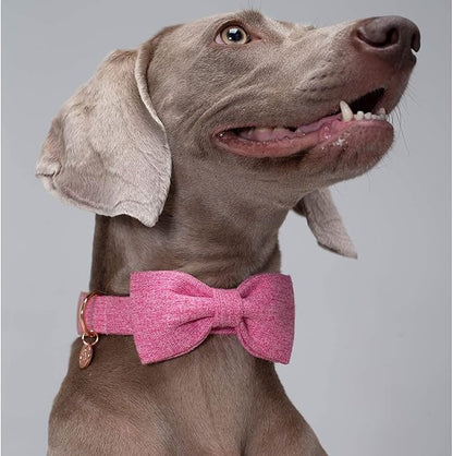 DOGWONG Hemp Cotton Dog Collar with Bow, Pink Pet Collar Durable Adjustable Girl Puppy Collar for Small Medium Large Dogs