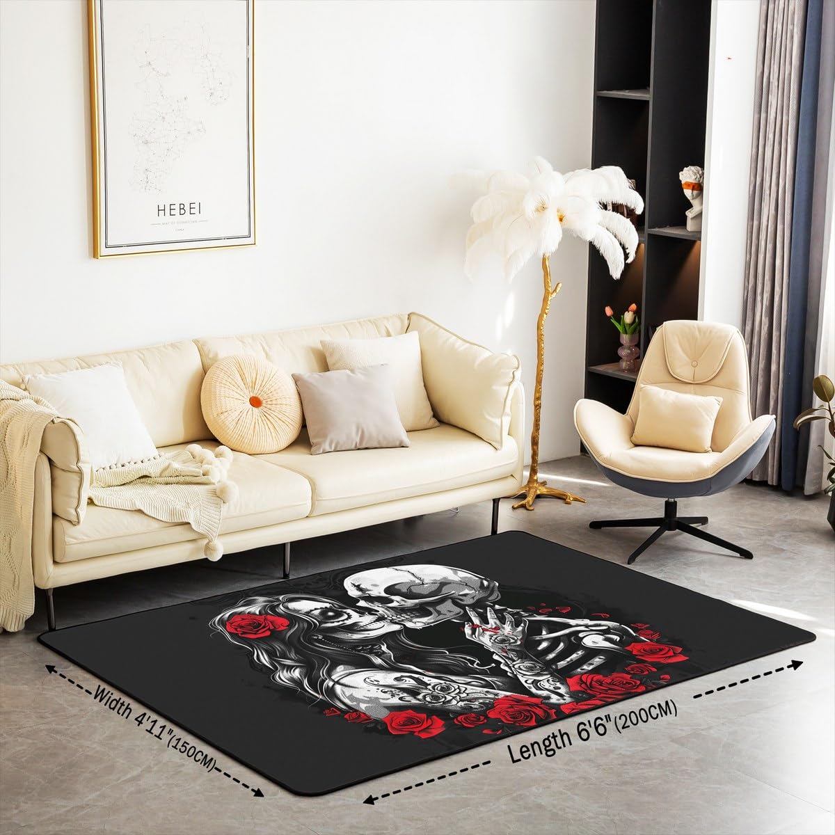 Erosebridal Gothic Couple Skull Area Rug 3x5 Skeleton Bones Rug for Bedroom Living Room Halloween Red Rose Flower Carpet Decor Goth Style Indoor Floor Mat Non Slip